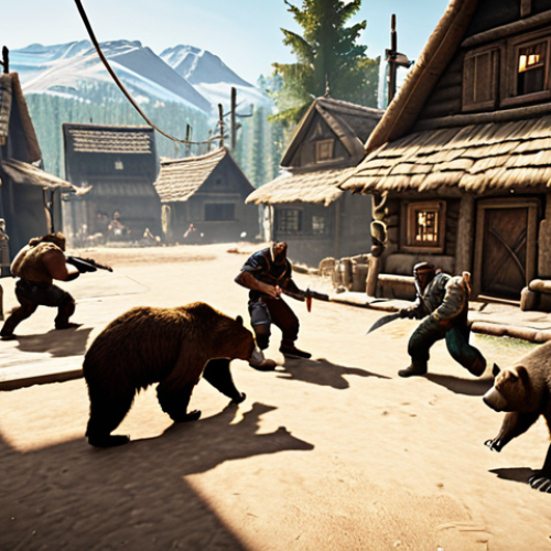 Home 4 ** A group of players in Bear Village, engaged in a fierce battle against bears. Focus on the action and excitement of fast-paced combat. Include UI elements (health bars, skill icons) to emphasize it's from a game.
**