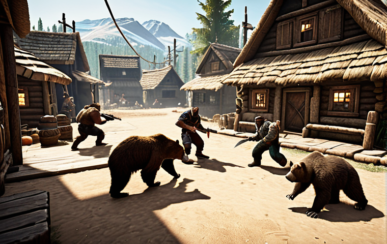 ** A group of players in Bear Village, engaged in a fierce battle against bears. Focus on the action and excitement of fast-paced combat. Include UI elements (health bars, skill icons) to emphasize it's from a game.
**
